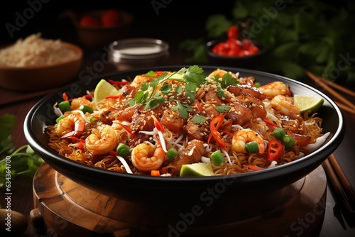 Pad Thai: A popular Thai noodle dish with stir-fried rice noodles, shrimp or chicken, tofu, bean sprouts, and peanuts.Generated with AI