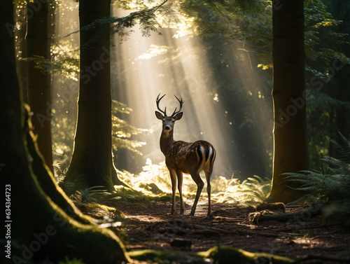 An image of a deer standing in a serene forest clearing with sunlight filtering through the trees. photo