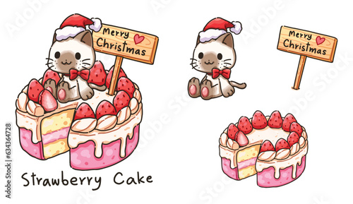 Cute design element cartoon, cartoon illustration of little cat, strawberry cake for Christmas character elements, Cartoon illustration for children, Vector image.