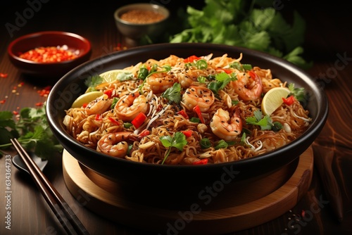 Pad Thai: A popular Thai noodle dish with stir-fried rice noodles, shrimp or chicken, tofu, bean sprouts, and peanuts.Generated with AI