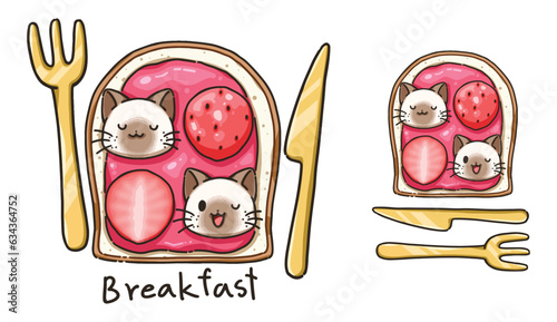 Cute design element cartoon, cartoon illustration of strawberry jam on sliced bread with cute face cat for Christmas character elements, Cartoon illustration for children, Vector image.