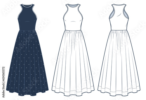 Maxi Dress technical fashion illustration. Jersey Dress with textile bottom fashion flat technical drawing template  polka-dot  slim fit  front and back view  white  blue  women CAD mockup set.