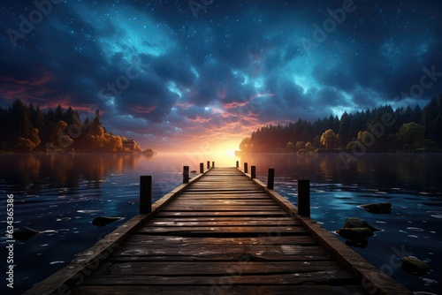 Lakeside Reverie: The Tranquil Wooden Pier Stretching into a Serene Lake, Graced by the Majestic Canopy of a Starlit Sky
