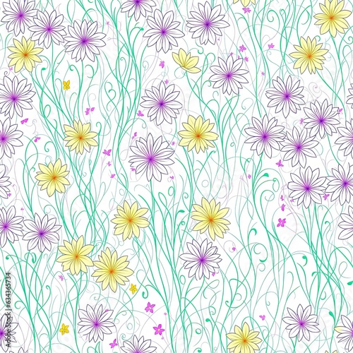 Seamless pattern of colored flowers. AI generated.