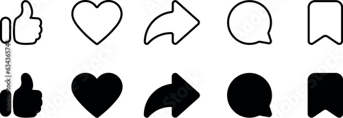 Like, heart, comment, share and save icon set. thumb up icon symbol. Social media notification icons , social network user interface flat icons, post reactions collection set. Vector set