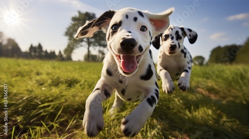 Nice funny Dalmatian dogs group running and playing on green grass, sunny day