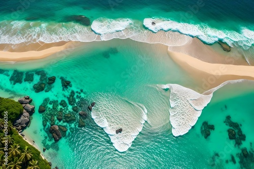 A super realistic Areal, drone view captures the beauty of a pristine beach with a stunning coastline photo