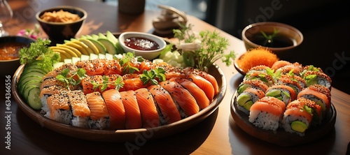Sushi Platter: Assorted sushi rolls featuring fresh fish, avocado, cucumber, and rice, served with soy sauce and wasabi.