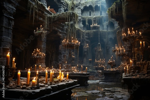 Chamber of Shadows: The Intriguing Aura of an Ancient Stone Sanctuary Illuminated Exclusively by the Dripping Flames of Candles