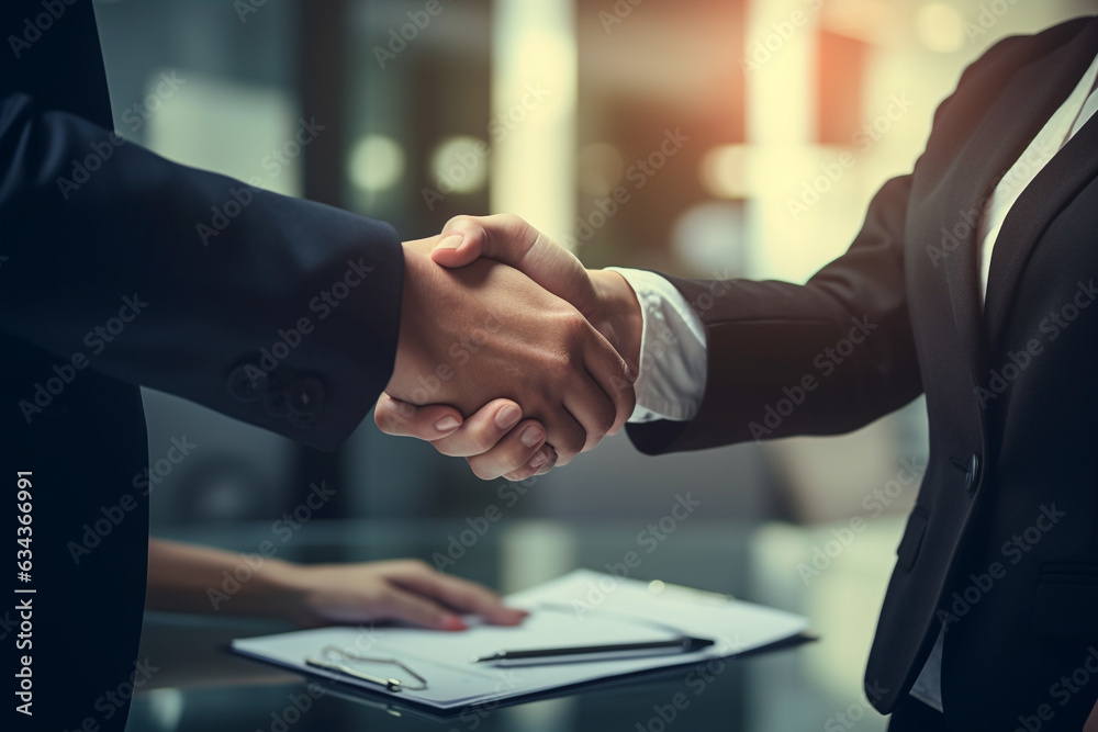 Sealing the Deal: Business Man and Woman Shake Hands in Agreement. Ai generated Sealing the Deal: Business Man and Woman Shake Hands in Agreement. Ai generated