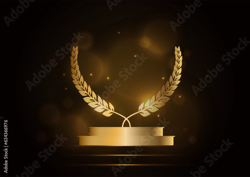 Award nomination template. Banner with podium and laurel leaves. Golden glowing scene with sparkles. Luxury background. Vector.