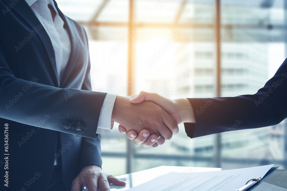 Sealing the Deal: Business Man and Woman Shake Hands in Agreement. Ai generated