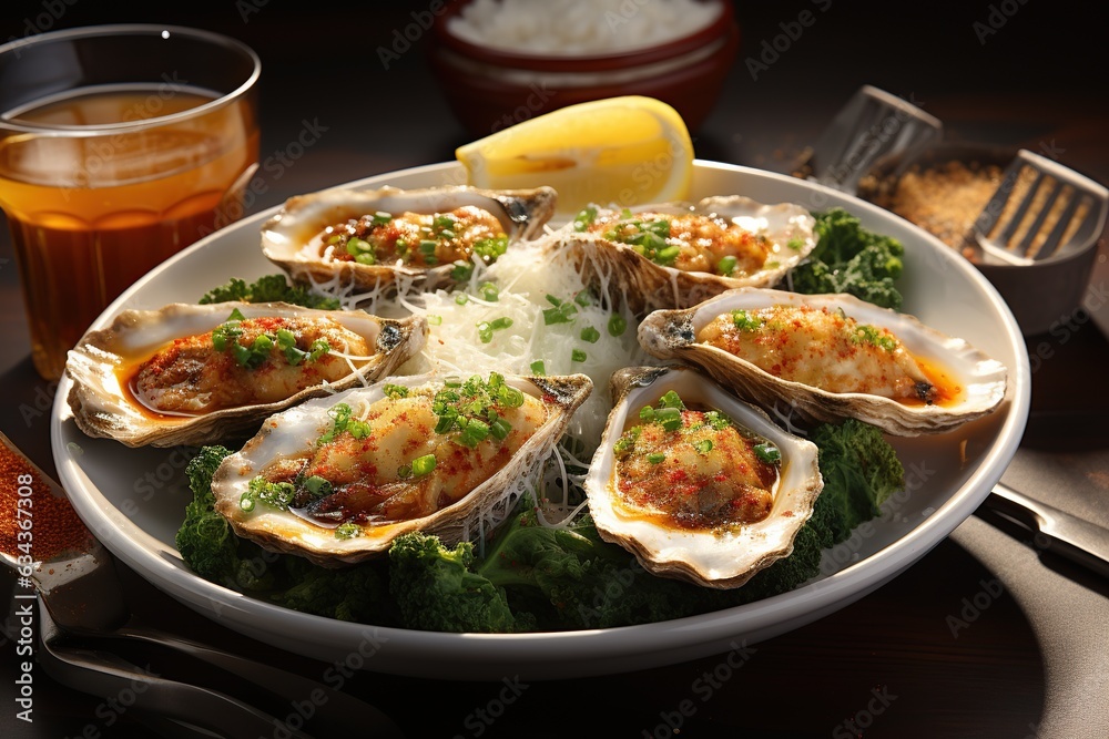 Oysters Rockefeller: Enjoy plump oysters topped with a rich and flavorful Rockefeller sauce, a timeless seafood delight.Generated with AI Oysters Rockefeller: Enjoy plump oysters topped with a rich and flavorful Rockefeller sauce, a timeless seafood delight.Generated with AI