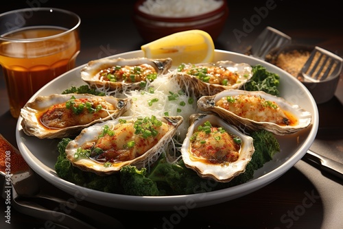 Oysters Rockefeller  Enjoy plump oysters topped with a rich and flavorful Rockefeller sauce  a timeless seafood delight.Generated with AI