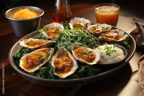 Oysters Rockefeller: Enjoy plump oysters topped with a rich and flavorful Rockefeller sauce, a timeless seafood delight.Generated with AI