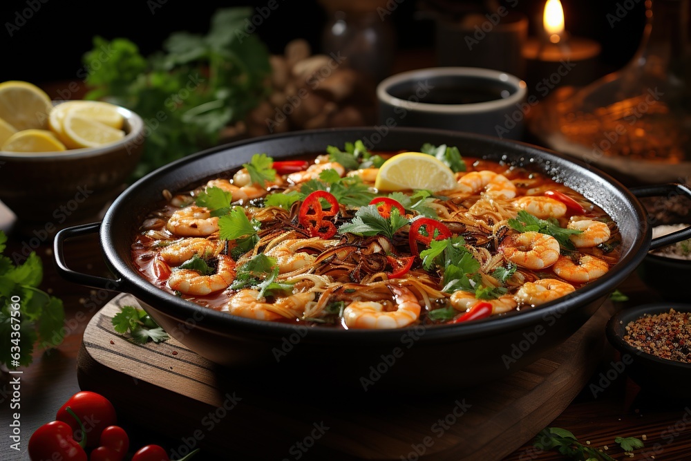 Tom Yum Goong: Indulge in the tantalizing flavors of this spicy and sour shrimp soup, infused with aromatic herbs and spices.Generated with AI Tom Yum Goong: Indulge in the tantalizing flavors of this spicy and sour shrimp soup, infused with aromatic herbs and spices.Generated with AI
