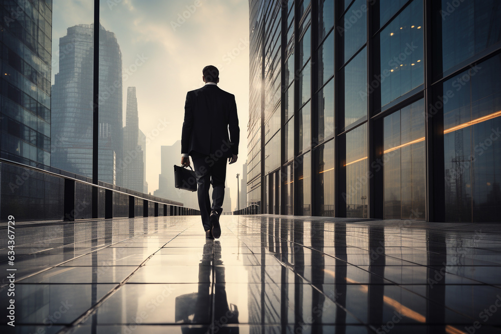 Businessman Walking Amid Corporate Skyscrapers. Man dressed in Business suit going for work. Ai generated