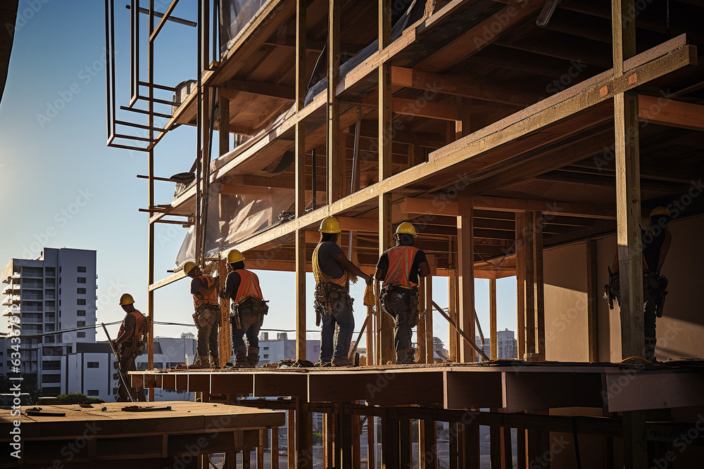 Naklejka premium Construction Workers Transforming the Landscape. Scene captures the dedicated efforts of construction workers on a bustling construction site at sunset. Ai generated