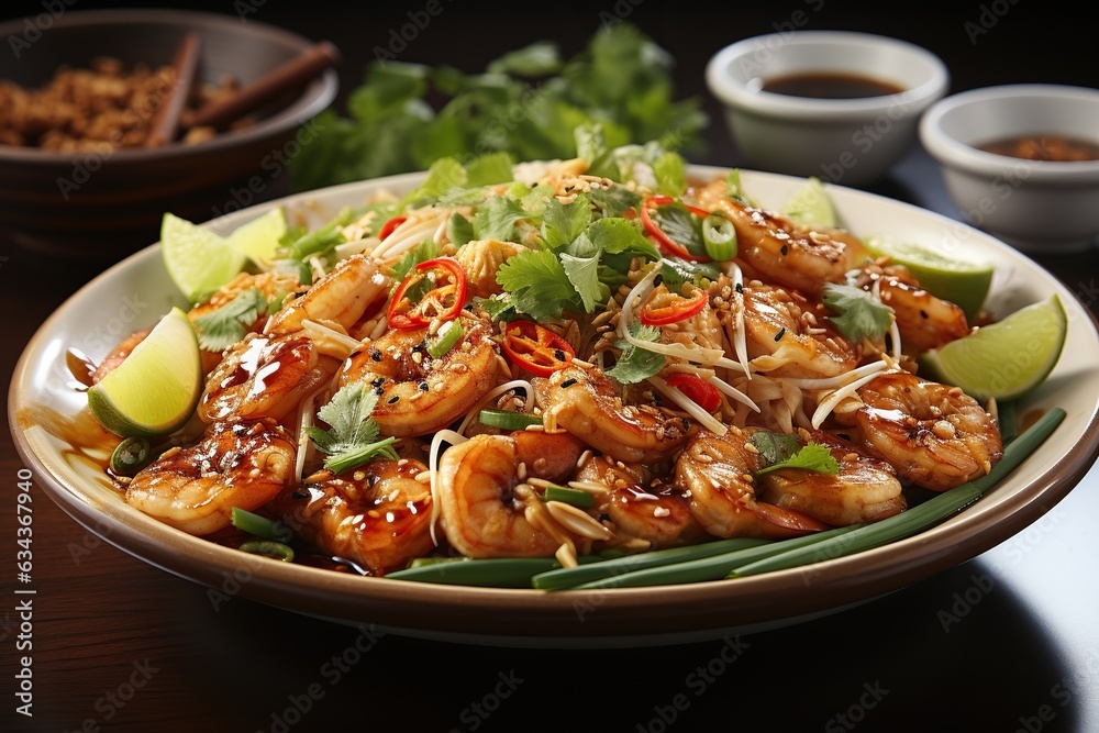 Pad Thai: Experience the iconic Thai stir-fried noodle dish, combining tamarind, peanuts, and fresh lime for a harmonious balance of flavors.Generated with AI Pad Thai: Experience the iconic Thai stir-fried noodle dish, combining tamarind, peanuts, and fresh lime for a harmonious balance of flavors.Generated with AI