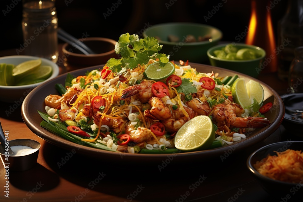 Pad Thai: Experience the iconic Thai stir-fried noodle dish, combining tamarind, peanuts, and fresh lime for a harmonious balance of flavors.Generated with AI Pad Thai: Experience the iconic Thai stir-fried noodle dish, combining tamarind, peanuts, and fresh lime for a harmonious balance of flavors.Generated with AI