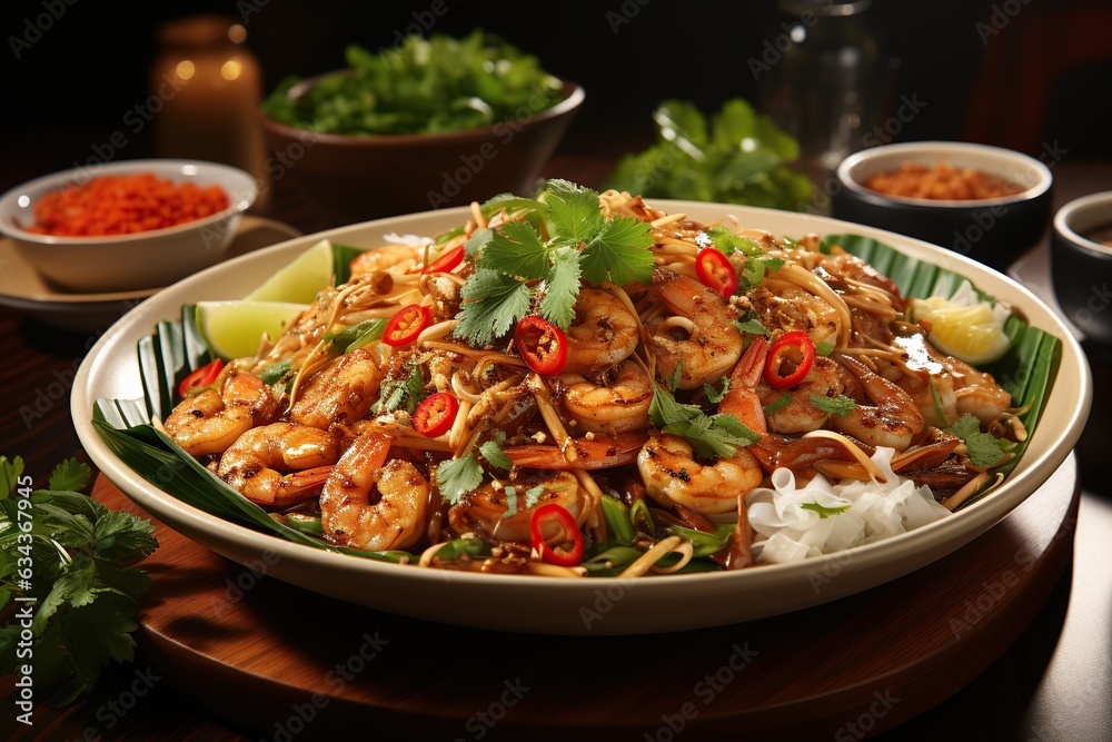 Pad Thai: Experience the iconic Thai stir-fried noodle dish, combining tamarind, peanuts, and fresh lime for a harmonious balance of flavors.Generated with AI