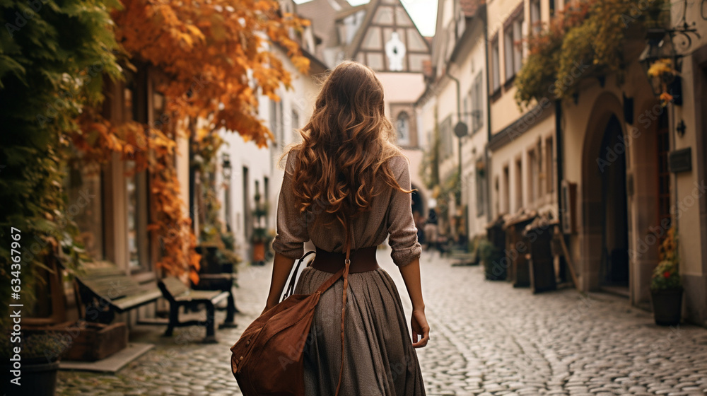A candid moment of the woman walking through a cobblestone street in a historic European town, embracing the culture 