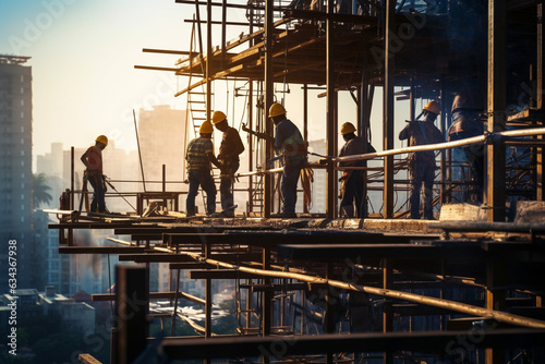 Construction Workers Transforming the Landscape. Scene captures the dedicated efforts of construction workers on a bustling construction site at sunset. Ai generated