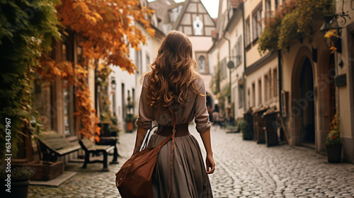 A candid moment of the woman walking through a cobblestone street in a historic European town, embracing the culture  © Maksym