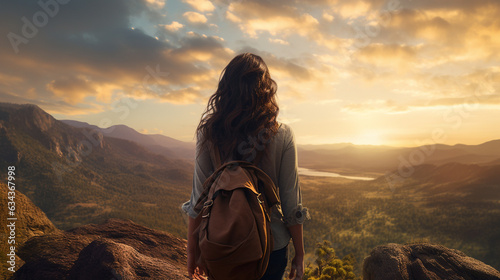 A shot of the young woman gazing out over a vast mountain landscape, capturing her sense of wonder in a new destination 