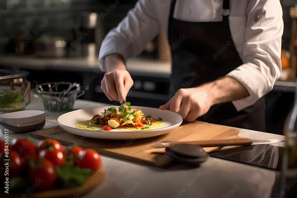 A chef making food . a man cooking in the kitchen.  