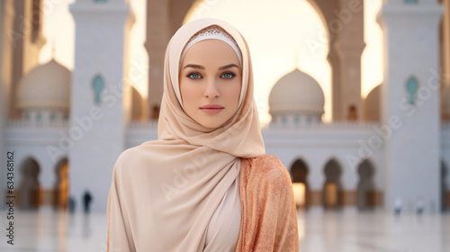 a woman in a hijab travels to famous places in the world  photo