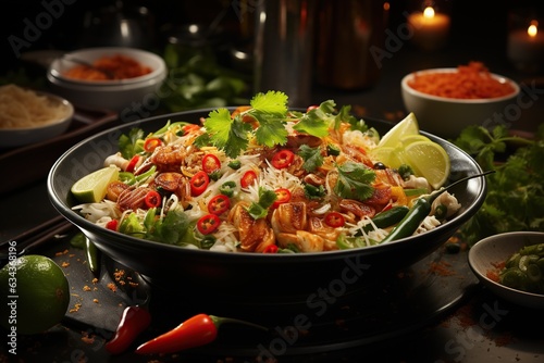 Pad Thai: Experience the iconic Thai stir-fried noodle dish, combining tamarind, peanuts, and fresh lime for a harmonious balance of flavors.Generated with AI