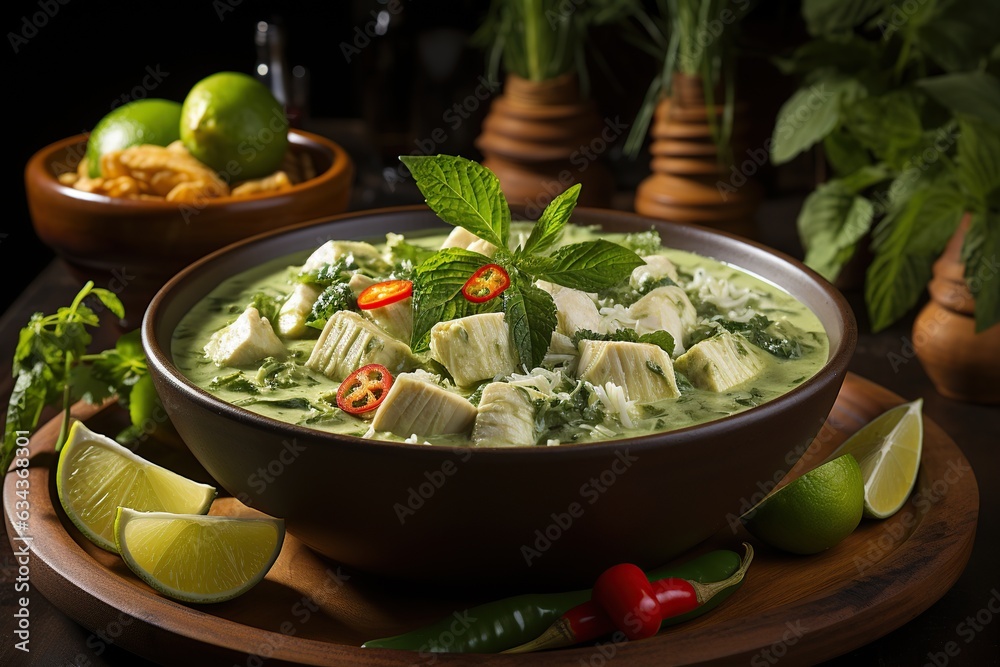 Green Curry (Gaeng Keow Wan): Savor the creamy and fragrant green curry, made with coconut milk, green chilies, and tender chicken or vegetables.Generated with AI Green Curry (Gaeng Keow Wan): Savor the creamy and fragrant green curry, made with coconut milk, green chilies, and tender chicken or vegetables.Generated with AI