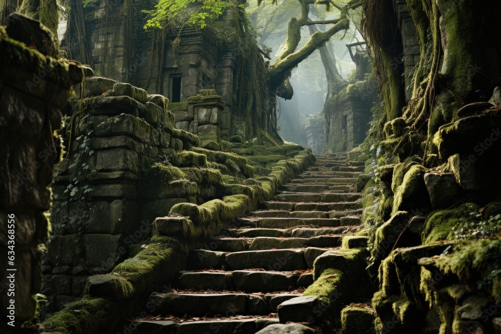 Fototapeta premium Chronicles of the Ancient Path: Unveiling the Mesmerizing Journey along the Old, Mossy Stone Stairway that Winds Up through a Dense and Misty Forest