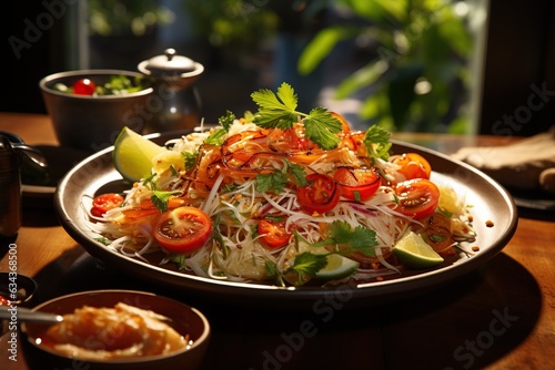 Som Tum  Delight in the refreshing and zesty green papaya salad  bursting with a combination of sweet  sour  and spicy notes.Generated with AI