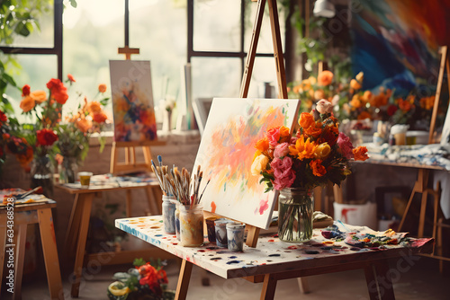 Artistic home studio with paintbrushes canvases and inspiring decor. photo