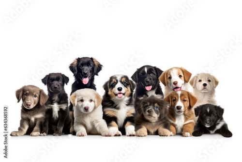 Many cute little stray homeless puppies on white background. Dog puppy Adoption, Adopt dog from rescues and shelters. Rehome a Dog. Web banner with cute puppies