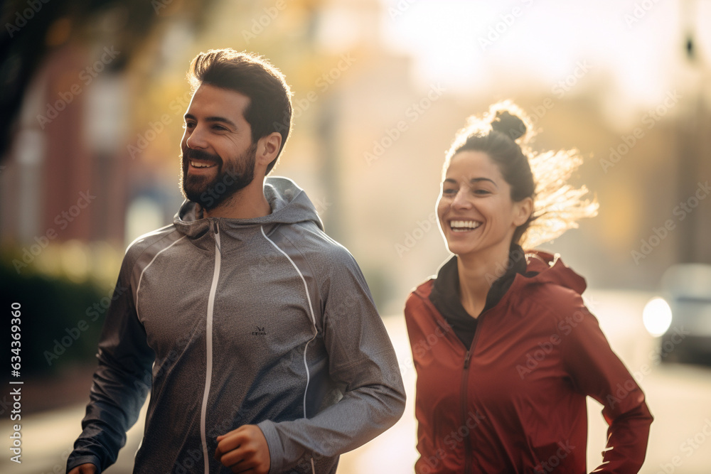 Energetic Young Couple Embracing a Morning Jog. Ai generated Energetic Young Couple Embracing a Morning Jog. Ai generated