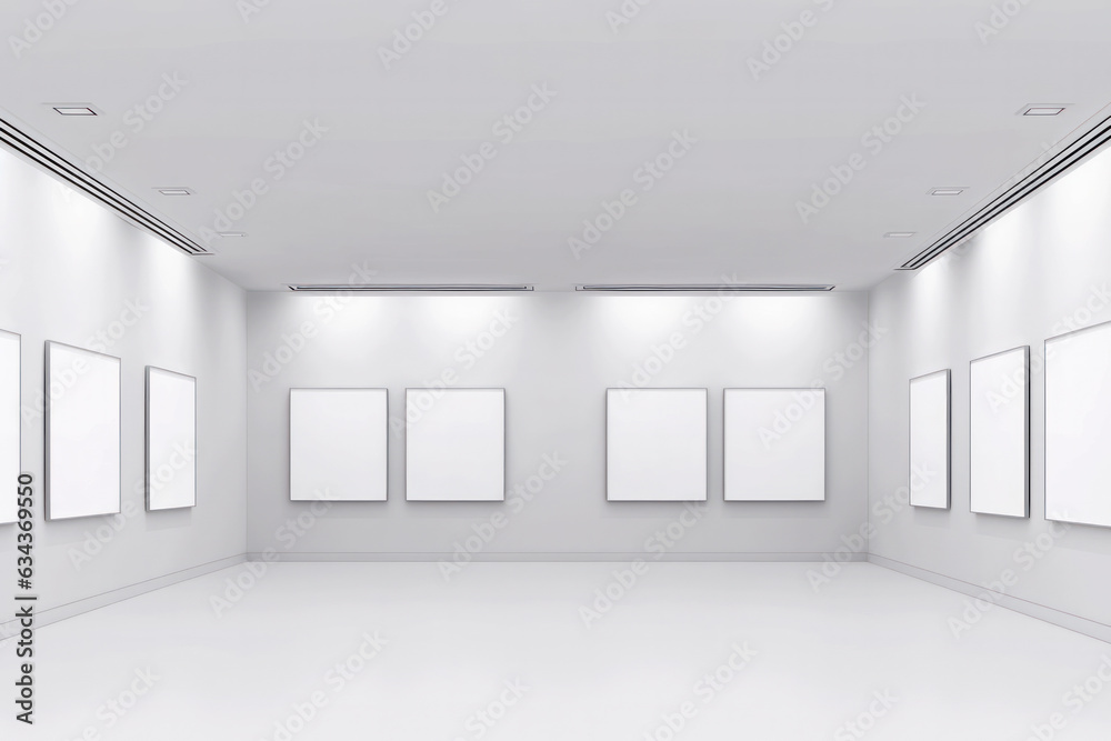 Contemporary art gallery interior featuring multiple empty frames on white walls, a mockup for showcasing art or designs Contemporary art gallery interior featuring multiple empty frames on white walls, a mockup for showcasing art or designs
