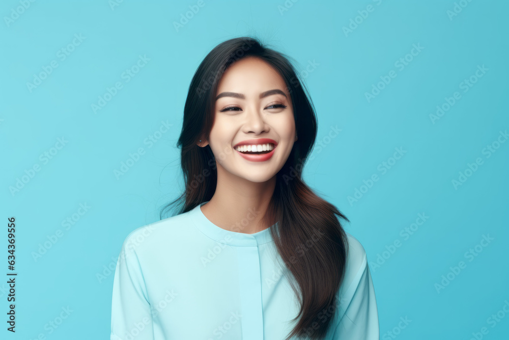 Smiling Asian Woman with a Cute Portrait on Blue Studio Background Smiling Asian Woman with a Cute Portrait on Blue Studio Background