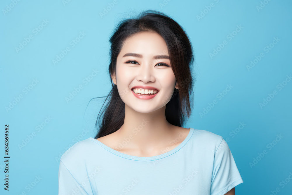 Smiling Asian Woman with a Cute Portrait on Blue Studio Background Smiling Asian Woman with a Cute Portrait on Blue Studio Background
