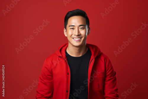 Smiling Asian Man with a Playful Red Studio Background