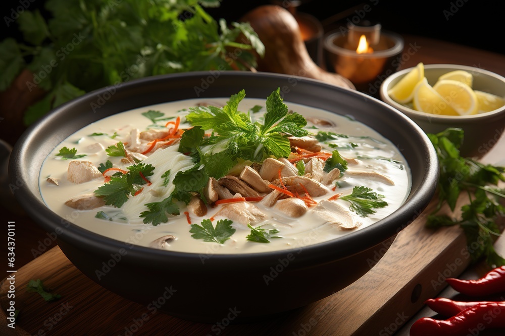 Tom Kha Gai: Delight in the creamy and spicy coconut soup with tender chicken and fragrant galangal.Generated with AI