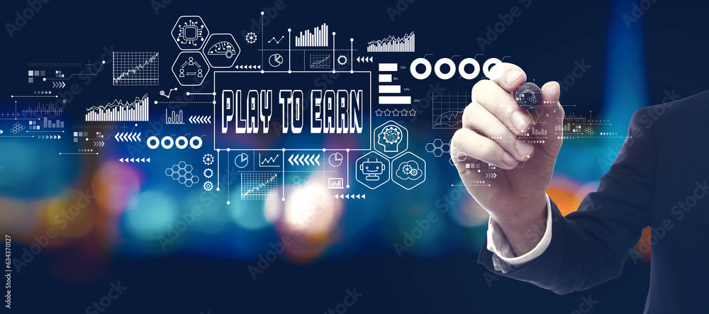 Obraz premium Play to Earn theme with businessman in a city at night