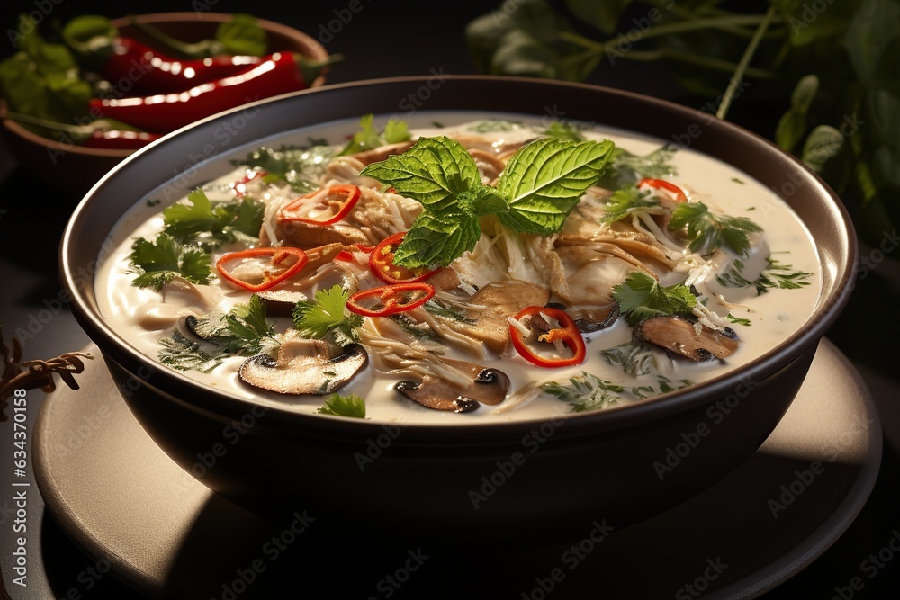 Tom Kha Gai: Delight in the creamy and spicy coconut soup with tender chicken and fragrant galangal.Generated with AI Tom Kha Gai: Delight in the creamy and spicy coconut soup with tender chicken and fragrant galangal.Generated with AI