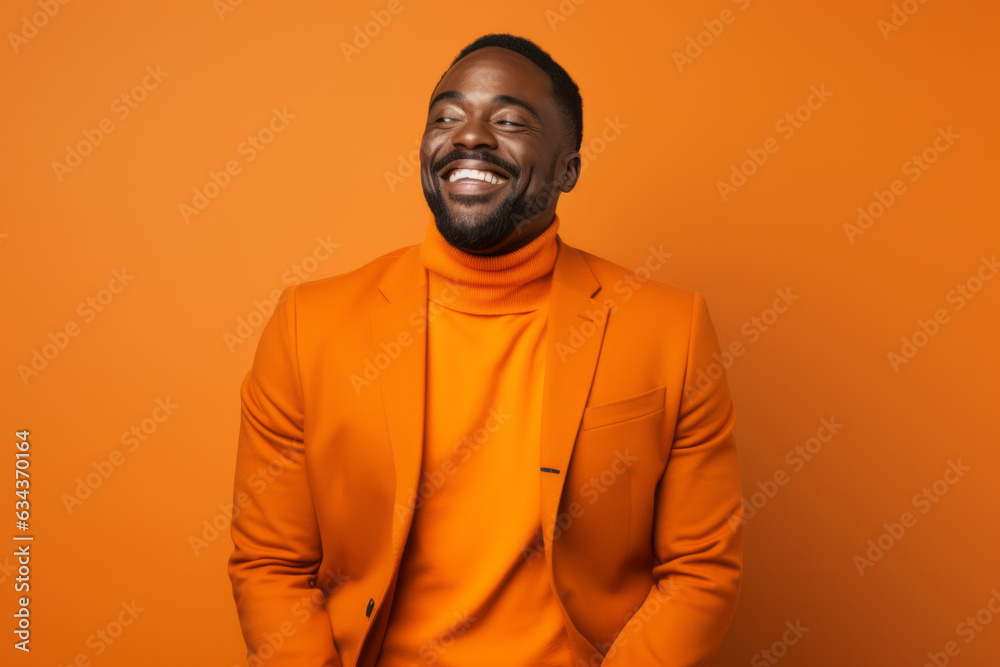Obraz premium Smiling African American Man with Vibrant Orange Studio Background