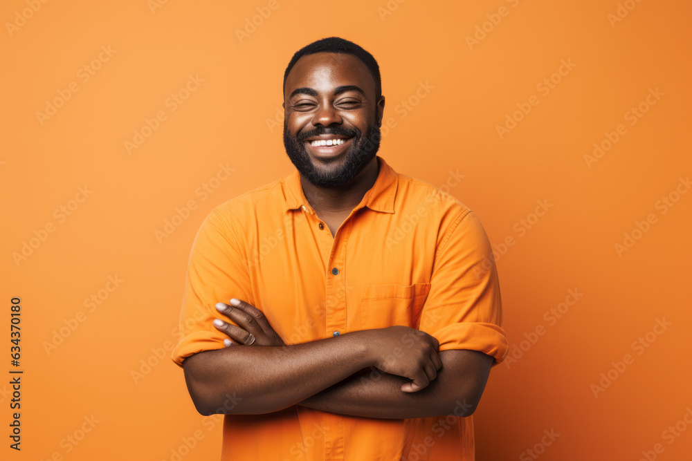 Smiling African American Man with Vibrant Orange Studio Background Smiling African American Man with Vibrant Orange Studio Background