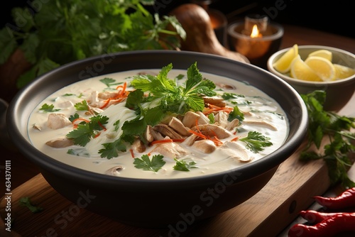 Tom Kha Gai: Delight in the creamy and spicy coconut soup with tender chicken and fragrant galangal.Generated with AI