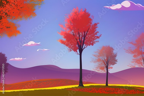Leaves falling in Autumn. Landscape covered in beautiful colors of Autumn.Digital illustration. Kids Cartoon Backgrounds. Children Story Book illustration. 2d illustration. Generative AI © Adithye