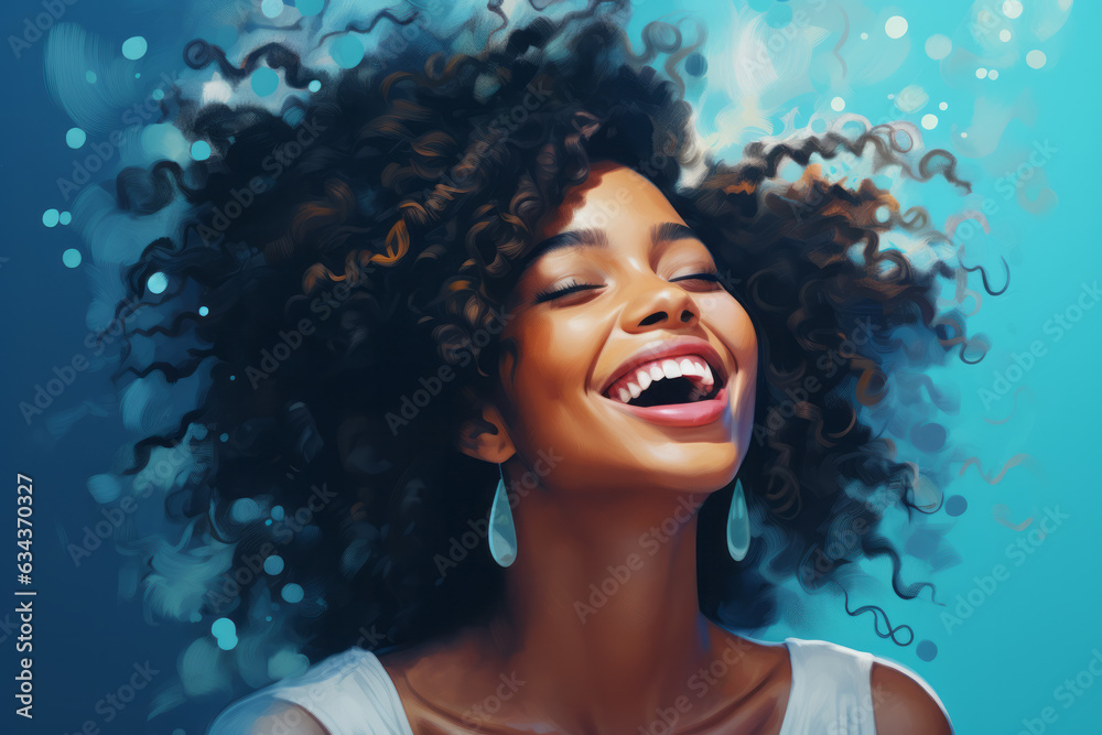 Radiant Smiles: Joyful African American Woman Poses in Vibrant Blue Studio Setting